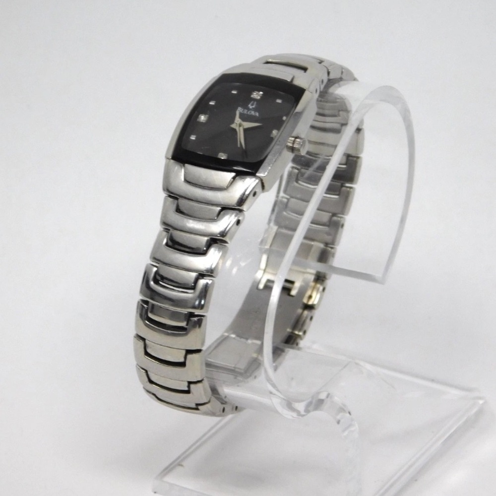 Bulova Womens Watch 96P15 Black Dial Stainless Steel Diamonds Ladies Silver 6.5"